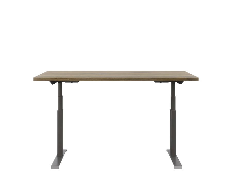 Sit Stand Desk with natural finish solid wood top and black base