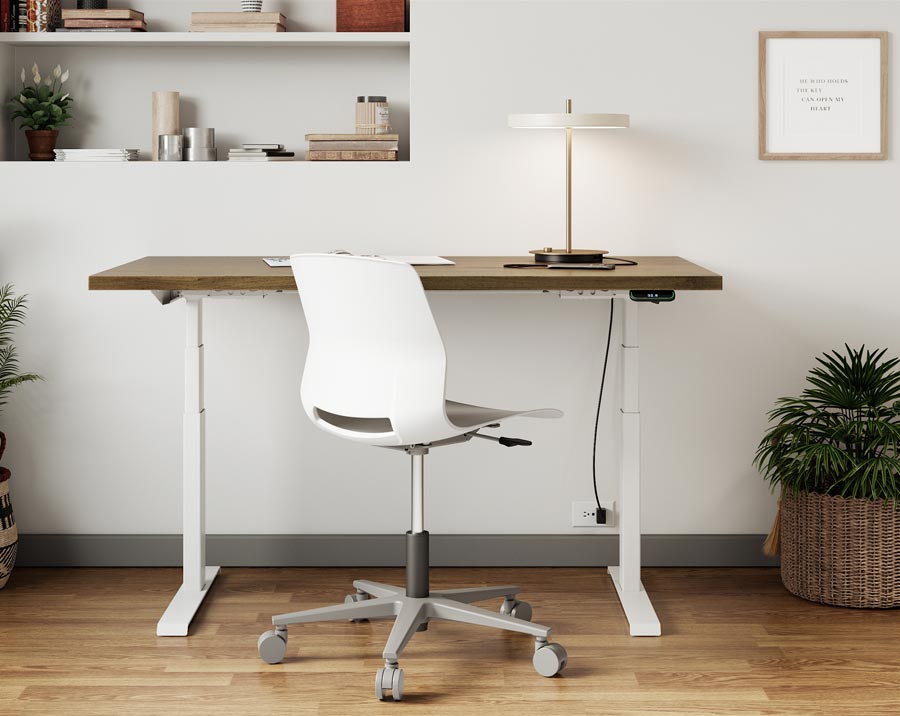 Sit Stand desk with white base and solid wood top with Dundee task chair 